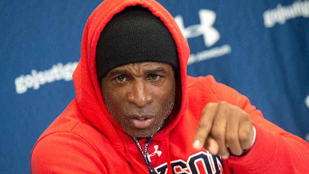 Jackson State head coach Deion Sanders discusses what the Tigers need to work on and what they will face with Alcorn in their upcoming game during a news conference at JSU in Jackson, Miss., Tuesday, Nov. 15, 2022.